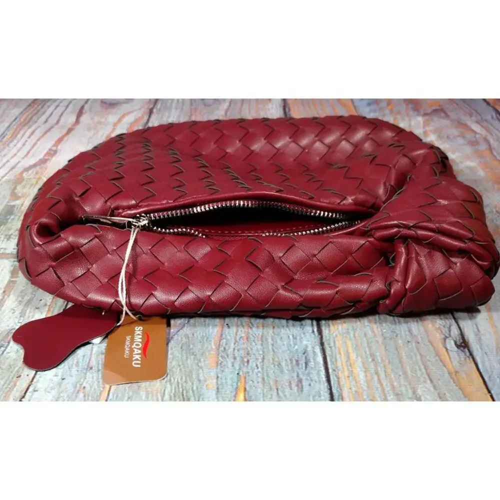 SKMQAKU - Knoted Woven Handbag Pull Zipper Closure - Claret - NEW in Box‎